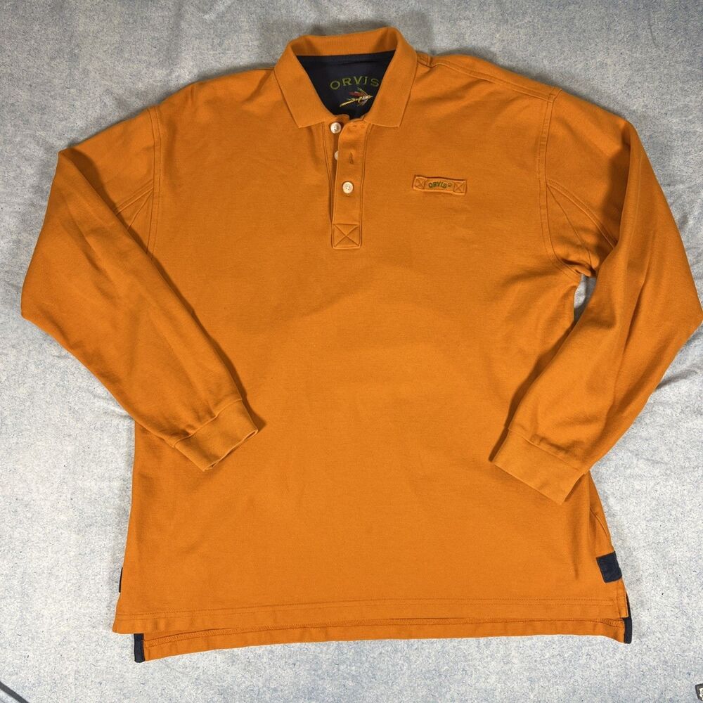 Orvis Mens L Long Sleeve Polo Shirt Burnt Orange Cotton Pique Fly Fishing Lure